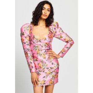 BEC & BRIDGE Pink Peony Party Jacquard Puff Shoulder Mini Dress, size 4